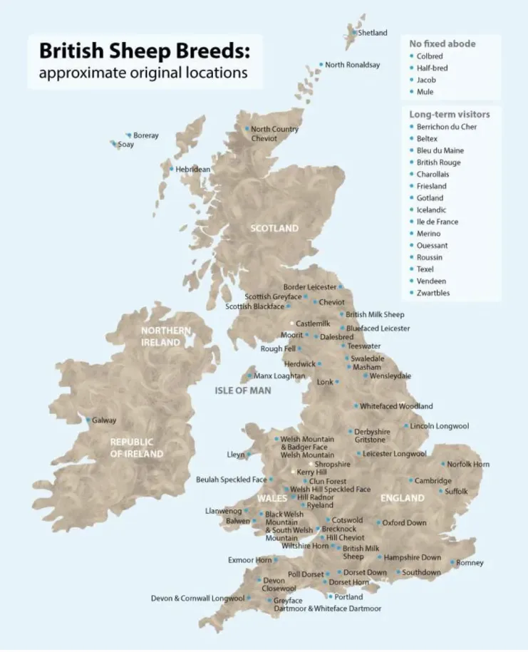 Map of British sheep breeds and their approximate original locations